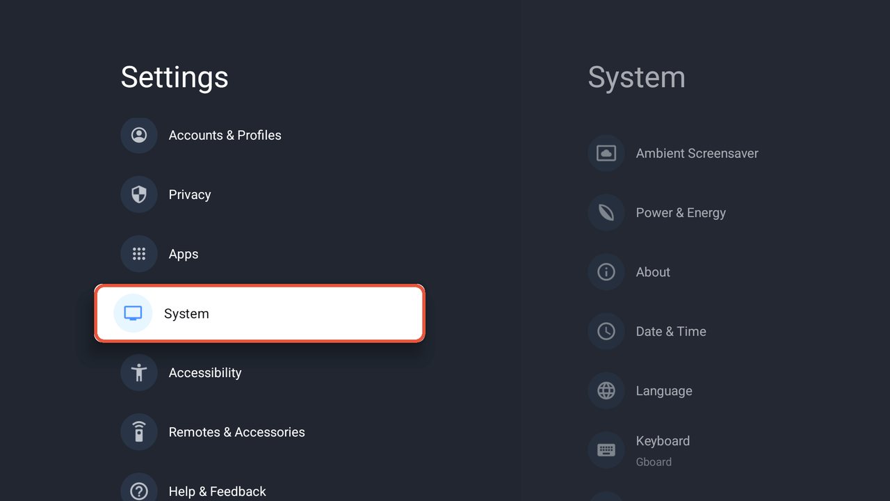 قائمة الإعدادات والتحديد على System