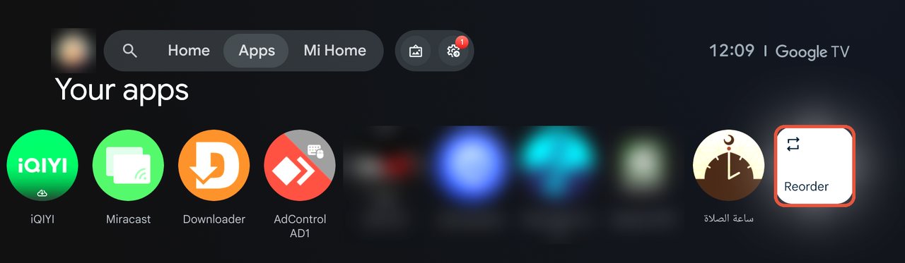 زر Reorder في نهاية صف Your apps