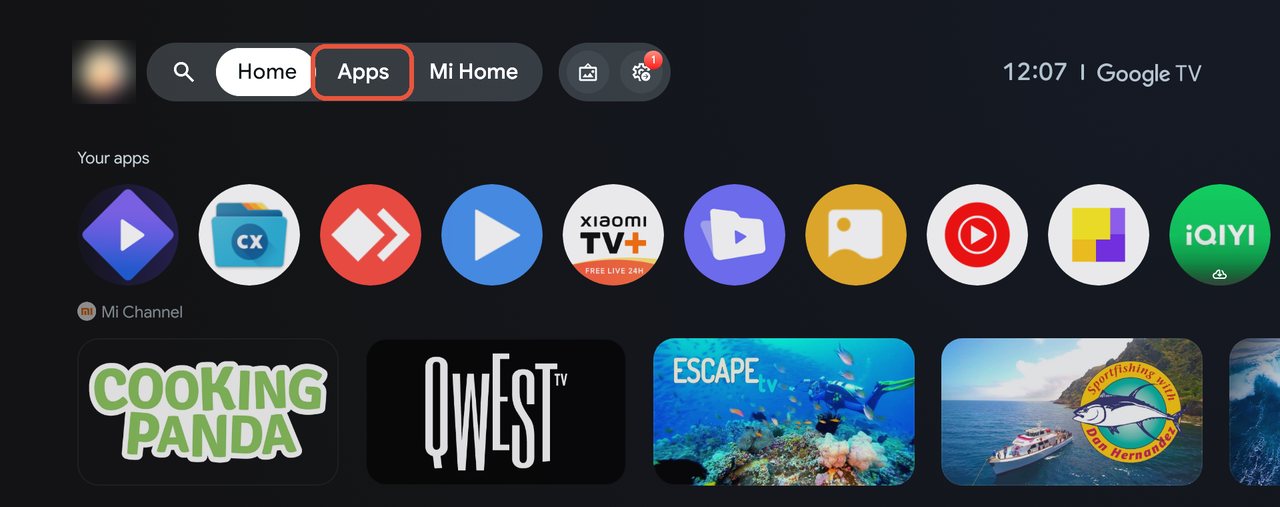 الشاشة الرئيسية في Google TV مع إبراز تبويب Apps